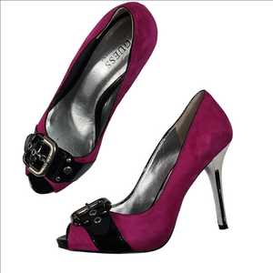 Guess by Marciano Gwnevel Suede Leather Magenta Black Silver Peep-Toe Heels